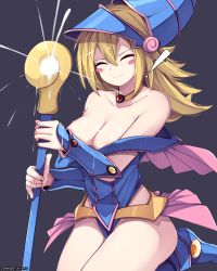 Rule 34 | 1girl, areola slip, bad id, bad pixiv id, bare shoulders, blonde hair, blue footwear, blush stickers, breasts, choker, cleavage, dark magician girl, ddangbi, duel monster, hat, large breasts, long hair, pentacle, solo, wand, wizard hat, yu-gi-oh!