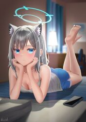 Rule 34 | 1girl, animal ear fluff, animal ears, bare arms, barefoot, bedroom, blue archive, blue eyes, blue shorts, blush, breasts, cat ears, cellphone, cleavage, closed mouth, dolphin shorts, full body, grey hair, grey shirt, halo, head rest, highres, indoors, kayama kouji, legs up, long hair, lying, medium breasts, on stomach, phone, shiroko (blue archive), shirt, short shorts, shorts, sleeveless, sleeveless shirt, smartphone, smile, soles, solo, the pose