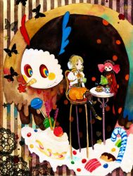 Rule 34 | 10s, 1girl, blonde hair, bug, butterfly, cake, candy, chair, charlotte (madoka magica), crossed legs, cup, fang, food, fruit, hat, insect, lollipop, mahou shoujo madoka magica, mahou shoujo madoka magica (anime), orange eyes, painting (medium), sitting, smile, strawberry, sweets, table, teacup, teapot, tetuankyo, tomoe mami, traditional media, watercolor (medium), witch&#039;s labyrinth