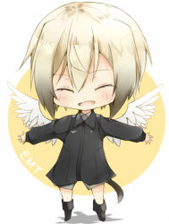 Rule 34 | 1girl, ^ ^, amai nekuta, blonde hair, blush, chibi, closed eyes, erica hartmann, jacket, military jacket, outstretched arms, solo, strike witches, tail, wings, world witches series