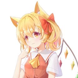 Rule 34 | 1girl, animal ears, ascot, blonde hair, cat ears, cat girl, closed mouth, crystal wings, dress, flandre scarlet, kk snake, medium hair, red dress, red eyes, short sleeves, side ponytail, simple background, touhou, upper body, white background, yellow ascot