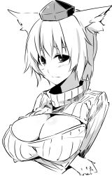 Rule 34 | 1girl, animal ears, breast hold, breasts, cleavage, cleavage cutout, clothing cutout, greyscale, inubashiri momiji, kamukamu (ars), large breasts, looking at viewer, meme attire, monochrome, open-chest sweater, ribbed sweater, simple background, solo, sweater, team shanghai alice, touhou, turtleneck, white background, wolf ears