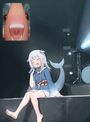 Rule 34 | 1girl, absurdres, bare legs, barefoot, blush, fan screaming at madison beer (meme), feet, fins, fish tail, gawr gura, highres, hirotaka0125, holding, holding microphone, hololive, hololive english, meme, microphone, multicolored hair, music, sharp teeth, shrimp, singing, sitting, tail, teeth, toes, two-tone hair, upper teeth only, virtual youtuber