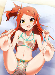 Rule 34 | 10s, 1girl, :d, barefoot, bikini, blush, bracelet, brown eyes, brown hair, child, feet, foreshortening, hair ornament, idolmaster, idolmaster million live!, jewelry, kaiga, legs up, long hair, lying, navel, ogami tamaki, on back, one side up, open mouth, shiny skin, shorts, side ponytail, smile, soles, solo, striped bikini, striped clothes, swimsuit, tankini, toes
