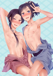Rule 34 | 2boys, androgynous, blush, japanese clothes, looking at viewer, male focus, multiple boys, nipples, ojotrb, trap