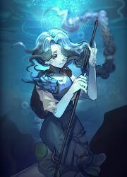Rule 34 | 1girl, black eyes, blue dress, blue hair, blurry, braid, closed mouth, depth of field, dress, expressionless, feet out of frame, grace (identity v), hair over one eye, highres, holding, holding polearm, holding weapon, identity v, lens flare, long hair, pinafore dress, polearm, rock, sack, sansai toritori, scales, shirt, short sleeves, single braid, sleeveless dress, solid eyes, solo, underwater, weapon, webbed hands, white shirt