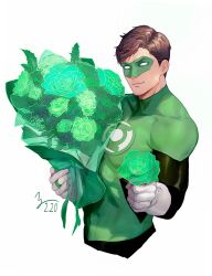 Rule 34 | 1boy, black bodysuit, bodysuit, bouquet, brown hair, closed mouth, dated, dc comics, domino mask, flower, gloves, green bodysuit, green flower, green lantern (series), green rose, hal jordan, highres, holding, holding bouquet, holding flower, jewelry, large pectorals, male focus, mask, muscular, muscular male, pectorals, ring, rose, short hair, simple background, smile, solo, superhero costume, two-tone bodysuit, white background, white gloves, ykro7705