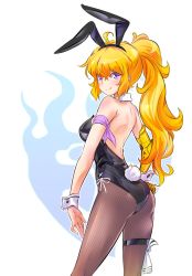 Rule 34 | 1girl, animal ears, armband, bare shoulders, blonde hair, cross tie, detached collar, fake animal ears, fake tail, fishnet pantyhose, fishnets, hairband, high ponytail, highres, iesupa, leotard, long hair, looking at viewer, looking back, mechanical arms, pantyhose, playboy bunny, purple eyes, rabbit tail, rwby, single mechanical arm, smile, solo, strapless, tail, thigh strap, wrist cuffs, yang xiao long
