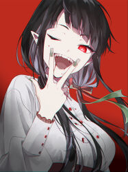 Rule 34 | 1girl, black hair, blood, blood from mouth, blood on clothes, blood on face, blunt bangs, breasts, fangs, fingernails, hair ribbon, long fingernails, long hair, long sleeves, looking at viewer, lotus toyao, low twintails, medium breasts, one eye closed, open mouth, original, pointy ears, puffy long sleeves, puffy sleeves, red background, red eyes, ribbon, sleeve cuffs, slit pupils, smile, solo, twintails, upper body, v over mouth, vampire, w
