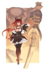 Rule 34 | 1girl, absurdres, arknights, armband, bare shoulders, belt, black belt, black dress, black thighhighs, breasts, chest belt, cleavage, demon horns, detached collar, dress, golem, hair between eyes, hair intakes, highres, horns, infection monitor (arknights), large breasts, long hair, long sleeves, looking at viewer, off shoulder, outstretched arm, parted lips, pinkboy, purple eyes, reaching, reaching towards viewer, red hair, short dress, smile, solo, standing, surtr (arknights), sword, thigh strap, thighhighs, very long hair, weapon