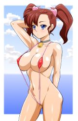 Rule 34 | 1girl, bakusou kyoudai let&#039;s &amp; go!!, bakusou kyoudai let&rsquo;s &amp; go max, bell, blue eyes, blush, breasts, brown hair, cleft of venus, cowbell, covered erect nipples, hokuto (tokuho), large breasts, ocean, oogami marina, slingshot swimsuit, solo, swimsuit, twintails, uncensored