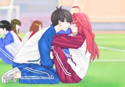Rule 34 | 1boy, 1girl, absurdres, ahoge, black hair, blue eyes, blue track suit, blurry, blurry background, blush, couple, crossed arms, day, exercising, eye contact, from side, full body, go-toubun no hanayome, hair between eyes, hair ornament, hetero, highres, holding legs, imminent kiss, leaning forward, lips, long hair, looking at another, nakano itsuki, nose, outdoors, parted lips, profile, red hair, red track suit, shoes, short hair, sit-up, sitting, sneakers, soccer field, star (symbol), star hair ornament, sweatdrop, tiptoes, track suit, tsubomi hanami, uesugi fuutarou, wariza, white footwear, wide-eyed, yellow eyes