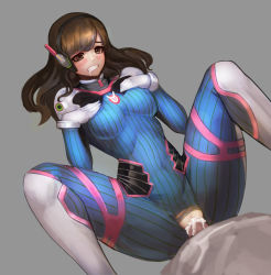 Rule 34 | 1boy, 1girl, bad id, bad pixiv id, blush, bodysuit, breasts, brown eyes, brown hair, clenched teeth, clothed sex, covered erect nipples, covered navel, crotch cutout, cum, cum in pussy, d.va (overwatch), grey background, headphones, hetero, highres, kibellin, overwatch, overwatch 1, penis, pussy, saliva, sex, skin tight, solo focus, teeth, torn clothes, turtleneck, uncensored, vaginal, zlfnrk