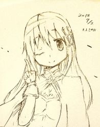 Rule 34 | alternate hair length, alternate hairstyle, cape, dated, fortissimo, gloves, hair ornament, hand up, japanese text, magical girl, mahou shoujo madoka magica, mahou shoujo madoka magica (anime), miki sayaka, musical note, musical note hair ornament, one eye closed, sketch, solo, tagme, wink, yanmaami