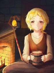 Rule 34 | 1girl, bell, blonde hair, blush, brown eyes, closed mouth, collarbone, cup, dark, drink, eyebrows, facing viewer, fireplace, half-closed eyes, indoors, long sleeves, looking at viewer, mug, nora arento, short hair, sitting, smile, solo, spice and wolf, split mouth, staff, table, wooden table