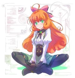 Rule 34 | 1girl, ahoge, blouse, bodice, boots, bow, curly hair, detached collar, freckles, gloves, green eyes, hair bow, highres, iesupa, long hair, long sleeves, neon trim, orange hair, penny polendina, rwby, shirt, sitting, suspenders, thigh boots, thighhighs