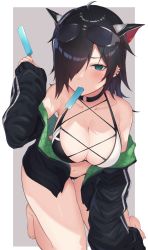 Rule 34 | 1girl, animal ears, barefoot, bikini, black choker, black hair, black jacket, blue eyes, blush, breasts, choker, cleavage, dragon ears, ear piercing, extra ears, eyewear on head, food, hair over one eye, highres, holding, jacket, large breasts, long sleeves, looking at viewer, medium hair, mouth hold, ngtr kaina, o-ring, o-ring choker, off shoulder, piercing, popsicle, puzzle &amp; dragons, roche (p&amp;d), simple background, solo, sunglasses, swimsuit, track jacket