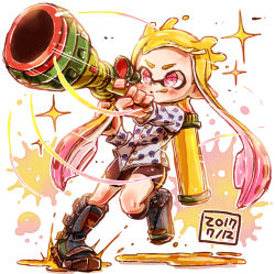 Rule 34 | 1girl, :q, bad id, bad pixiv id, black footwear, black shorts, blue shorts, blunt bangs, blush, boots, commentary, dated, diffraction spikes, foreshortening, gradient hair, harutarou (orion 3boshi), highres, holding, holding weapon, ink tank (splatoon), inkling, inkling girl, inkling player character, inkzooka (splatoon), knee boots, light blush, motion lines, multicolored hair, nintendo, pink eyes, pink hair, pointy ears, print shirt, running, scope, shirt, shorts, single vertical stripe, solo, sparkle, splatoon (series), splatoon 1, standing, tongue, tongue out, v-shaped eyebrows, weapon, yellow headwear
