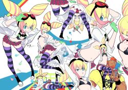 Rule 34 | 1girl, bikini, bikini top only, blonde hair, blue eyes, cone hair bun, double bun, gloves, goggles, grin, hair bun, lab coat, lucia fex, manbou no ane, mouse (animal), multicolored hair, open mouth, promare, screwdriver, smile, striped clothes, striped legwear, striped thighhighs, swimsuit, thighhighs, two-tone hair, varys truss, vinny (promare), wrench