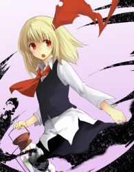 Rule 34 | 1girl, ascot, blonde hair, dress shirt, dutch angle, embodiment of scarlet devil, fang, female focus, gj (minoru), gradient background, holding, lantern, open mouth, red eyes, rumia, shirt, solo, touhou