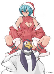 Rule 34 | 1girl, ayanami rei, bare shoulders, bird, blue hair, blurry, blush, breasts, censored, champ+, christmas, cleavage, cleavage cutout, clothing cutout, coat, convenient censoring, depth of field, hat, heart, heart cutout, kneehighs, mittens, neon genesis evangelion, off shoulder, penguin, penpen, red eyes, sack, santa costume, santa hat, short hair, simple background, socks, spread legs, squatting, striped clothes, striped socks, white background, white mittens