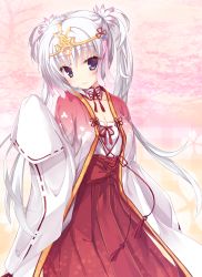 Rule 34 | 1girl, blue eyes, breasts, chaamii, cleavage, collarbone, diadem, eyebrows, hair ornament, hakama, hakama skirt, highres, japanese clothes, lace-trimmed sleeves, lace trim, long hair, looking at viewer, medium breasts, red hakama, senren banka, silver hair, skirt, smile, solo, tomotake yoshino, twintails