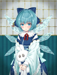 Rule 34 | 1girl, absurdres, adapted costume, blue bow, blue dress, blue eyes, blue hair, blue nails, blush, bow, cirno, commentary request, dress, floral print, hair bow, highres, ice, ice wings, lips, long sleeves, nail polish, red ribbon, ribbon, sei ichi (shiratamamikan), short hair, solo, stuffed animal, stuffed rabbit, stuffed toy, touhou, wide sleeves, wings