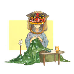 Rule 34 | 1girl, akai sashimi, blue kimono, closed mouth, commentary request, covered eyes, cup, facing viewer, floral print, full body, holding, japanese clothes, kimono, lion dance, lion mask, long sleeves, mask, mug, needle, noh mask, original, pincushion, pink kimono, plaid kimono, sewing, shishimai, short hair, simple background, sitting, smile, solo, table, two-tone background, two-tone kimono, white background, wide sleeves, yellow background