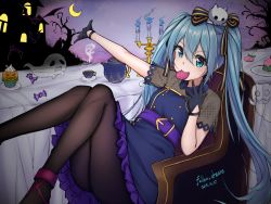 Rule 34 | 1girl, artist name, bat (animal), black gloves, black pantyhose, blue dress, blue fire, candle, candy, chair, crescent moon, cup, cupcake, dated, dress, fire, follow dreams, food, ghost, gloves, hair between eyes, hair ornament, hair ribbon, halloween, hatsune miku, highres, jack-o&#039;-lantern, lollipop, long hair, looking at viewer, moon, mouth hold, night, outdoors, outstretched arm, pantyhose, ribbon, sitting, skull hair ornament, solo, swirl lollipop, table, tablecloth, teacup, teapot, tombstone, twintails, very long hair, vocaloid