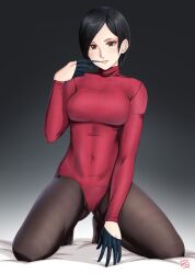 Rule 34 | 1girl, ada wong, biting, black eyes, black hair, black pantyhose, breasts, commentary request, covered navel, finalcake, full body, glove biting, glove pull, gloves, half gloves, heattech leotard, highres, kneeling, leotard, medium breasts, pantyhose, red leotard, removing glove, resident evil, resident evil 4, resident evil 4 (remake), short hair, signature, smile, solo, turtleneck