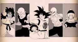 Rule 34 | 6+boys, abs, antennae, bald, black eyes, black hair, black headwear, chaozu, child, chinese clothes, closed mouth, clothes writing, collarbone, dougi, dragon ball, dragon ball (object), dragonball z, evil grin, evil smile, expressionless, facial scar, father and son, feet out of frame, fenyon, fighting stance, fingernails, flying, from behind, full body, grin, hand up, hands up, hat, highres, index finger raised, indian style, leaning to the side, long fingernails, long hair, looking at viewer, looking back, male focus, monochrome, multiple boys, muscular, open mouth, outline, paneled background, panels, piccolo, pointing, pointy ears, scar, scar on cheek, scar on face, sepia, sitting, sitting on lap, sitting on person, smile, son gohan, son goku, spiked hair, teeth, tenshinhan, third eye, topless male, yamcha