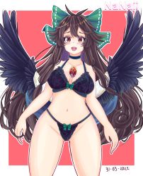 Rule 34 | 1girl, absurdres, artist name, bird wings, black bra, black choker, black panties, black wings, blush, border, bow, bow bra, bow panties, bra, breasts, brown eyes, brown hair, cape, choker, dated, feathered wings, furrowed brow, green bow, groin, hair bow, highleg, highleg panties, highres, lace, lace-trimmed bra, lace trim, large breasts, lingerie, long hair, looking at viewer, nanaii desu, navel, open mouth, panties, red background, reiuji utsuho, smile, solo, standing, teeth, third eye, touhou, underwear, underwear only, upper teeth only, very long hair, white border, white cape, wings
