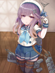 Rule 34 | 1girl, black thighhighs, blue neckerchief, blue sailor collar, blue skirt, blush, closed mouth, depth charge, em s, gloves, hat, highres, kantai collection, long hair, machinery, mole, mole under eye, neckerchief, pleated skirt, pout, purple hair, rigging, sailor collar, sailor hat, school uniform, serafuku, skirt, smokestack, solo, thighhighs, tsushima (kancolle), turret, white gloves, white hat, yellow eyes
