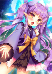 Rule 34 | 1girl, :o, blue kimono, blush, bow, brown bow, brown eyes, commentary request, day, frilled sleeves, frills, hair ribbon, highres, japanese clothes, kimono, kyoka (princess connect!), long hair, long sleeves, looking at viewer, open mouth, outdoors, pointy ears, princess connect!, purple hair, purple ribbon, ribbon, sidelocks, sleeves past wrists, solo, suzunone rena, twintails, very long hair, wide sleeves