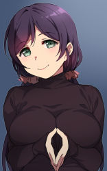 Rule 34 | 1girl, black sweater, blue background, breasts, closed mouth, duke (inu daimyou), gradient background, green eyes, hair ornament, hair scrunchie, large breasts, long hair, long sleeves, looking at viewer, love live!, love live! school idol project, low twintails, pink scrunchie, purple hair, scrunchie, smile, solo, sweater, tojo nozomi, turtleneck, twintails, upper body