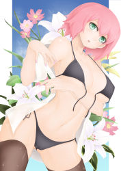 Rule 34 | 1girl, :o, bad id, bad pixiv id, bikini, black bikini, breast hold, breasts, cowboy shot, dress shirt, flower, front-tie top, green eyes, highres, large breasts, lily (flower), looking at viewer, nail polish, navel, oni-noboru, open clothes, open shirt, original, pink hair, pink nails, shiny skin, shirt, short hair, side-tie bikini bottom, solo, strap gap, swimsuit, thighhighs, thighs, undressing, untied, wet
