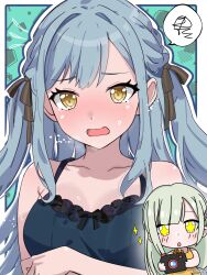 Rule 34 | + +, 2girls, artist name, bang dream!, bang dream! it&#039;s mygo!!!!!, bare arms, black camisole, black ribbon, blue hair, blush, camera, camisole, commentary, green hair, hair ribbon, highres, holding, holding camera, izami md, long hair, multiple girls, open mouth, ribbon, spoken squiggle, squiggle, sweat, togawa sakiko, two side up, wakaba mutsumi, yellow eyes
