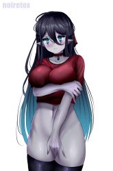 Rule 34 | 1girl, absurdres, aqua eyes, aqua hair, arm under breasts, banshee (monster girl encyclopedia), black hair, black thighhighs, blue eyes, blush, breasts, choker, closed mouth, collarbone, colored skin, covering crotch, covering privates, gradient hair, grey skin, hair between eyes, highres, impossible clothes, impossible shirt, large breasts, monster girl encyclopedia, multicolored hair, navel, noiretox, pointy ears, red shirt, runny makeup, shirt, simple background, solo, standing, thighhighs, undead, white background
