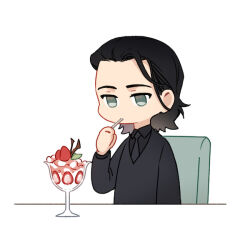 Rule 34 | 1boy, animification, black eyes, black hair, black jacket, black necktie, black shirt, cake, chair, chibi, collared shirt, commentary, cup, eating, english commentary, food, fork, formal, fruit, glass, green eyes, half-closed eyes, hand up, holding, holding spoon, ice cream, jacket, leaf, loki (marvel), long sleeves, looking to the side, male focus, marvel, marvel cinematic universe, medium hair, murdermuffinloki, necktie, shirt, simple background, sitting, smile, solo, spoon, strawberry, suit, table, teacup, utensil in mouth, white background