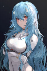 Rule 34 | 1girl, arm under breasts, asaikeu, ayanami rei, black background, blue hair, bodysuit, breasts, closed mouth, commentary, evangelion: 3.0+1.0 thrice upon a time, gloves, hair between eyes, highres, interface headset, large breasts, long hair, looking at viewer, neon genesis evangelion, plugsuit, rebuild of evangelion, red eyes, skin tight, solo, upper body, very long hair, white bodysuit, white gloves