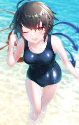 Rule 34 | ahoge, asymmetrical wings, bare shoulders, black hair, black one-piece swimsuit, blue wings, covered navel, day, highres, houjuu nue, kisamu (ksmz), looking at viewer, one-piece swimsuit, one eye closed, open mouth, outdoors, red eyes, red wings, short hair, smile, solo, swimsuit, touhou, wading, water, wet, wet hair, wings