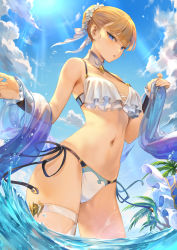 Rule 34 | 1girl, afk arena, bare shoulders, bikini, blonde hair, blue eyes, blue sky, breasts, cloud, cloudy sky, commentary request, day, fingernails, gwyneth (afk arena), hair bun, hair ornament, highres, lips, looking at viewer, mashuu (neko no oyashiro), medium breasts, navel, outdoors, palm leaf, palm tree, side-tie bikini bottom, simple background, single hair bun, sky, solo, stomach, sunlight, swimsuit, tree, wading, water, water drop, wrist cuffs