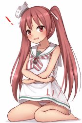 Rule 34 | !, 1girl, barefoot, brown hair, clothes lift, collarbone, commentary request, dark-skinned female, dark skin, dress, fang, full body, hat, highres, kantai collection, libeccio (kancolle), long hair, looking at viewer, mini hat, panties, red eyes, sailor dress, simple background, skirt, skirt lift, sleeveless, sleeveless dress, solo, striped clothes, striped panties, tiemu (man190), twintails, underwear, white background, white dress