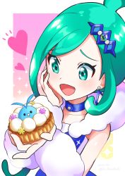 Rule 34 | 1girl, :d, absurdres, arm warmers, arutarika (ri kaoekaki), choker, collarbone, commentary request, creatures (company), earrings, food, game freak, gen 3 pokemon, green eyes, green hair, hair ornament, hands up, heart, highres, holding, holding food, jewelry, lisia (pokemon), nintendo, notice lines, open mouth, outside border, pokemon, pokemon oras, sidelocks, smile, solo, swablu, tongue
