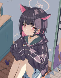 Rule 34 | 1girl, absurdres, animal ears, black hair, black jacket, blue archive, blue skirt, cat ears, chinese commentary, closed mouth, colored inner hair, floor, food, food on face, green sailor collar, halo, highres, hood, hooded jacket, jacket, kazusa (blue archive), kulomi, multicolored hair, neckerchief, no legwear, pink hair, pink neckerchief, pleated skirt, red eyes, sailor collar, short hair, skirt, sleeves past fingers, sleeves past wrists, solo