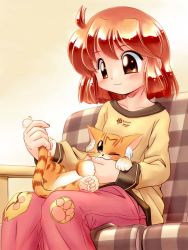Rule 34 | 1girl, ;3, ahoge, animal, biting, blush, brown eyes, brown sweater, cat, closed mouth, collarbone, couch, long sleeves, looking up, on couch, one eye closed, original, pants, pink pants, red eyes, red hair, short hair, sitting, solo, sweater, tareme, whiskers, zan
