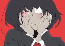 Rule 34 | 1girl, another, black hair, blush, eyepatch, hands on own cheeks, hands on own face, highres, mirai nikki, misaki mei, parody, portrait, red background, red eyes, simple background, solo, yandere trance