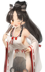 Rule 34 | 1girl, bare shoulders, black hair, blush, breasts, brown eyes, cleavage, collarbone, cowboy shot, detached sleeves, fang, folding fan, hair ornament, hand fan, high ponytail, highres, holding, holding fan, kantai collection, large breasts, long hair, multi-tied hair, nisshin (kancolle), one eye closed, open mouth, red ribbon, ribbon, ribbon-trimmed sleeves, ribbon trim, simple background, smile, solo, toka (marchlizard), very long hair, white background, white sleeves, wide sleeves