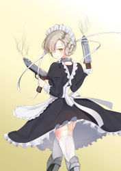 Rule 34 | 1girl, apron, armor, armored boots, ass, azur lane, black dress, boots, braid, collar, dress, dual wielding, french braid, frilled apron, frills, from behind, garter straps, hair ornament, hair over one eye, highres, holding, long dress, long hair, long sleeves, looking at viewer, looking back, maid, maid apron, maid headdress, puffy long sleeves, puffy sleeves, schreibe shura, sheffield (azur lane), short hair, silver hair, smoke, solo, thighhighs, walking, white thighhighs, yellow background, yellow eyes