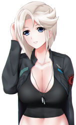 Rule 34 | 1girl, blonde hair, blue eyes, breasts, cleavage, highres, large breasts, midriff, muv-luv, muv-luv alternative, muv-luv total eclipse, navel, parted lips, short hair, smile, solo, stella bremer, upper body